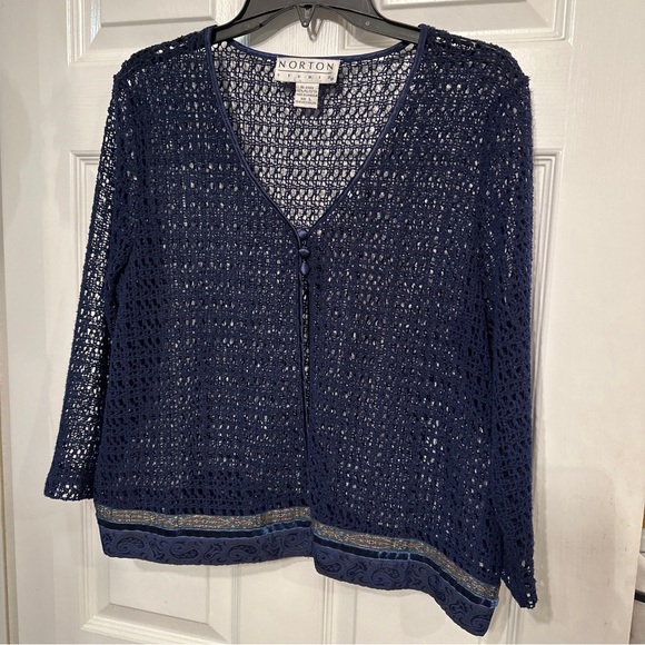 Norton Studio Size L Navy Crochet Poly Knit Short Jacket Mettallic Ribbon 3/4 Sl - Picture 1 of 5